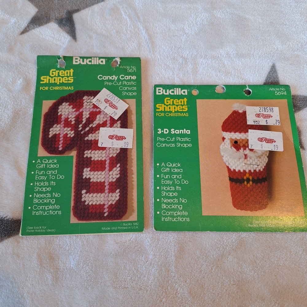 Vintage Bucilla Great Shapes‎ For Christmas Candy Cane & 3-D Santa Needlepoint
